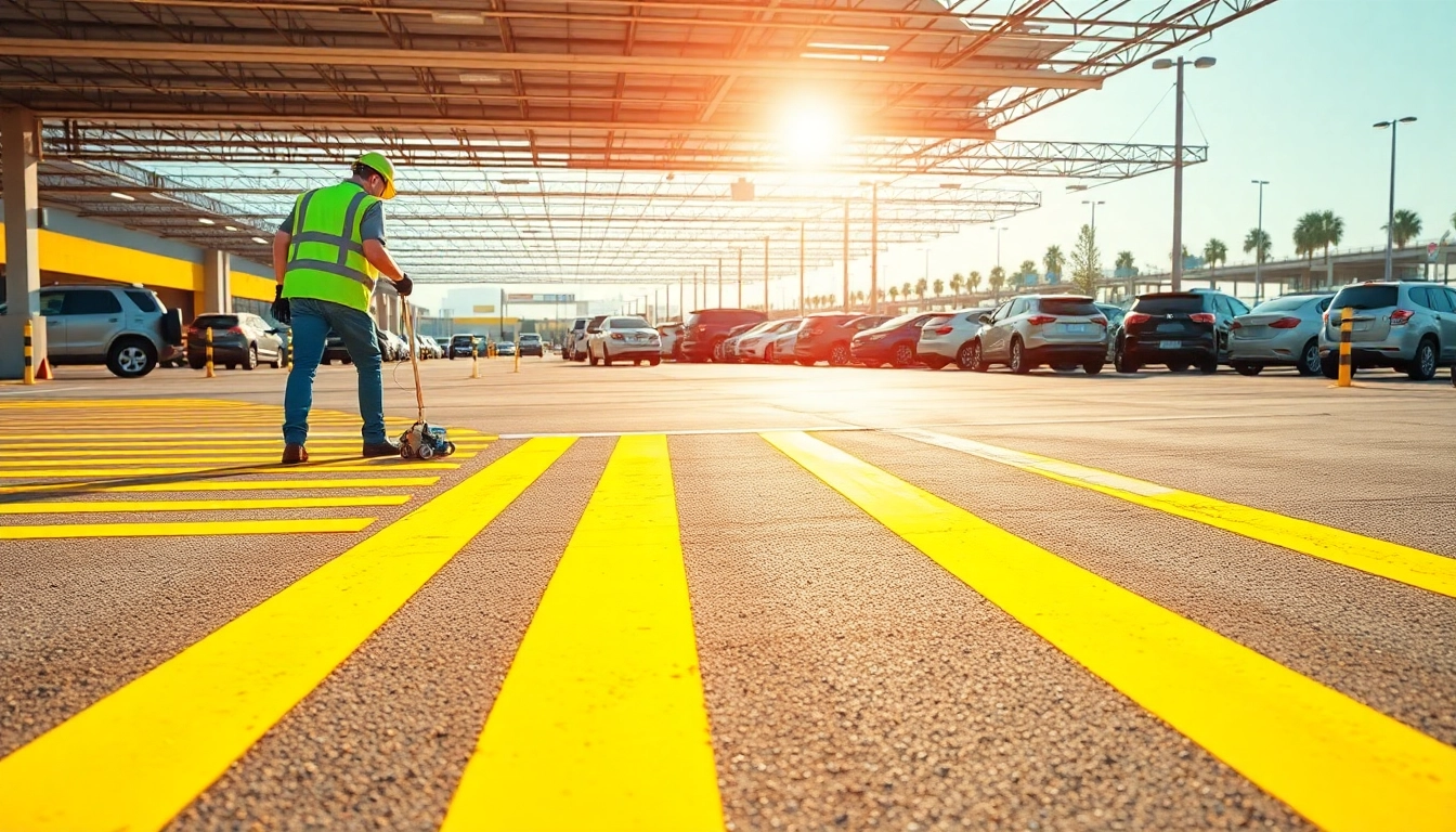 Experience professional commercial parking lot striping near me in a vibrant and organized setting.