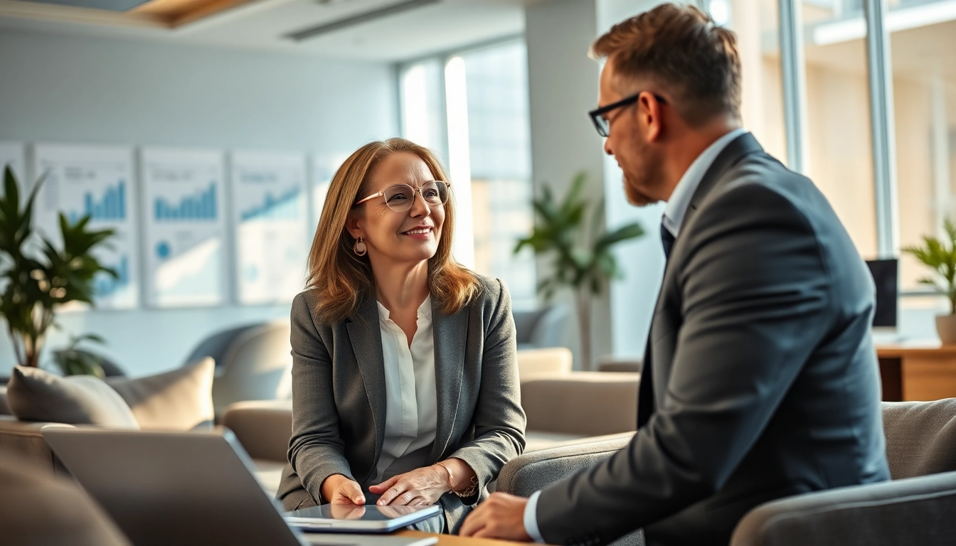 Engaging financial advisor at https://globalwealthscope.com helping clients in a modern office.