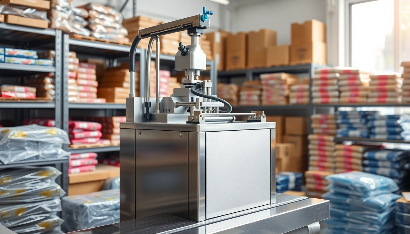 Efficient shrink wrap machine sealing products in a modern factory setting.