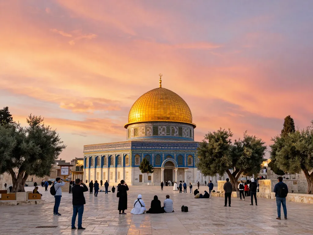 Visitors experiencing Jerusalem’s Holy Site at Temple Mount with the Dome of the Rock.