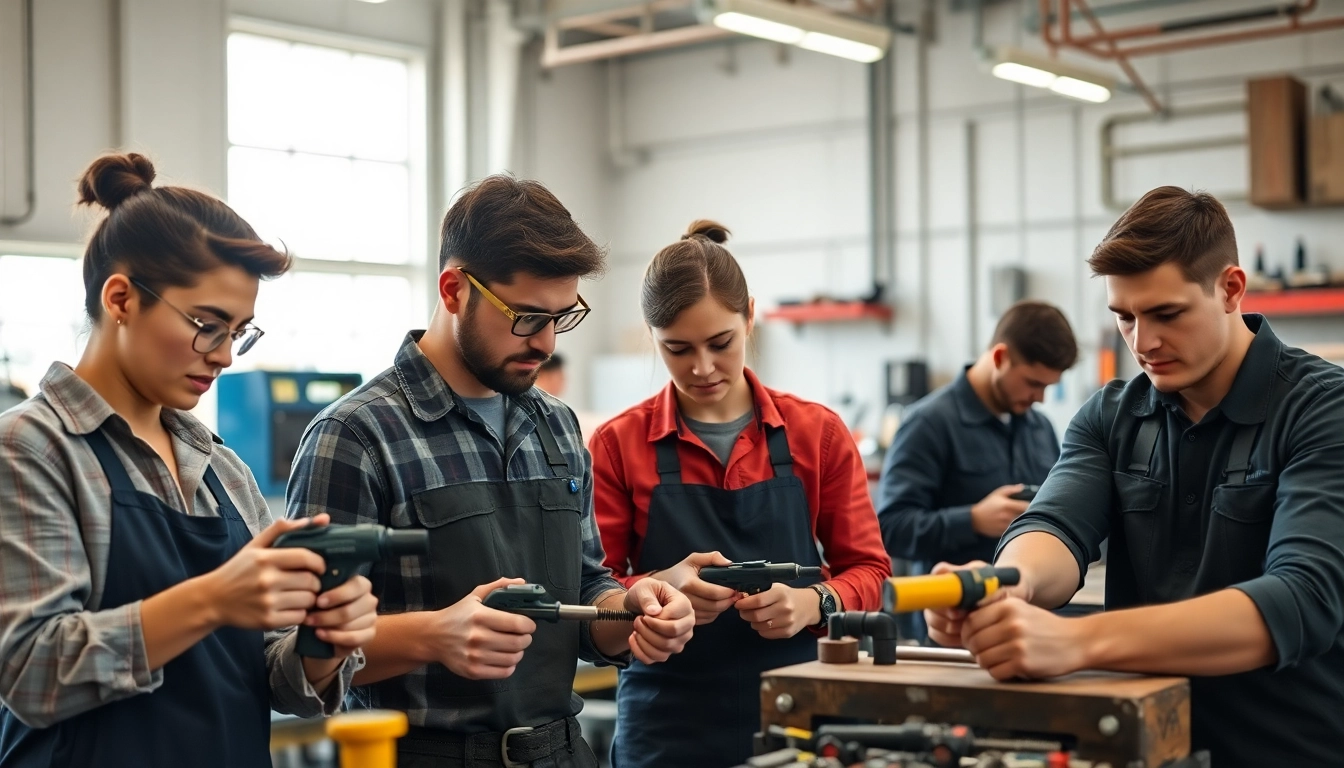 Engaged participants in apprenticeship programs demonstrating hands-on skills in a bright workshop setting.