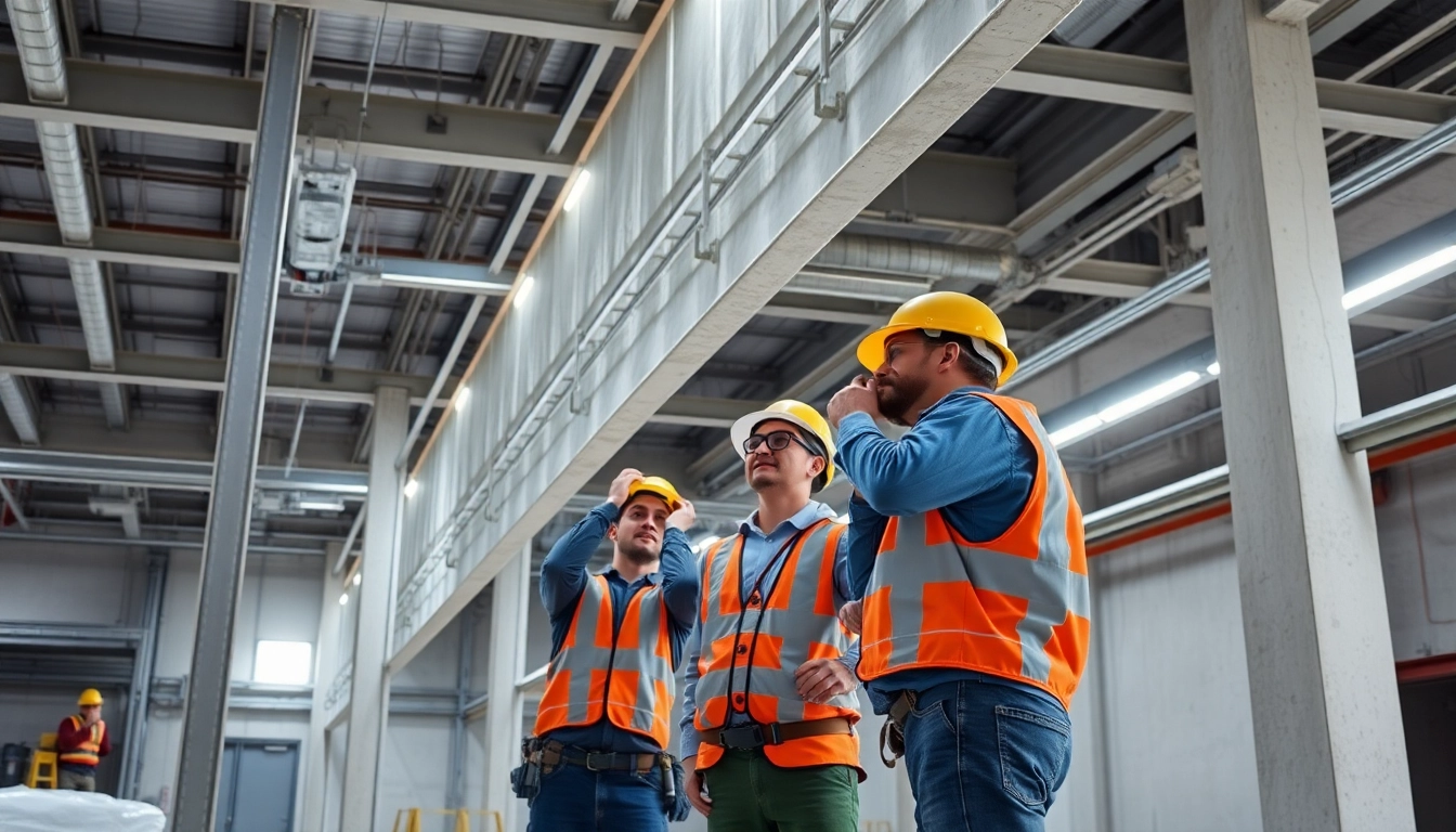 Fireproofing contractors applying fire-resistant materials in an industrial setting.
