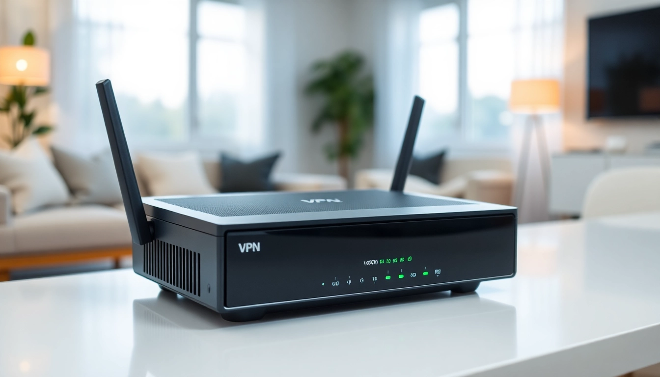 Showcasing a modern vpn router on a desk, emphasizing tech features and sleek design.