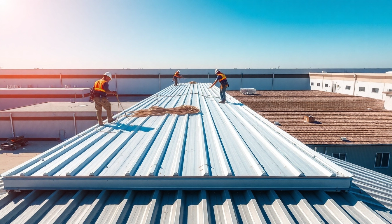 Showcasing professionals in action during commercial roofing services installation on an industrial building.