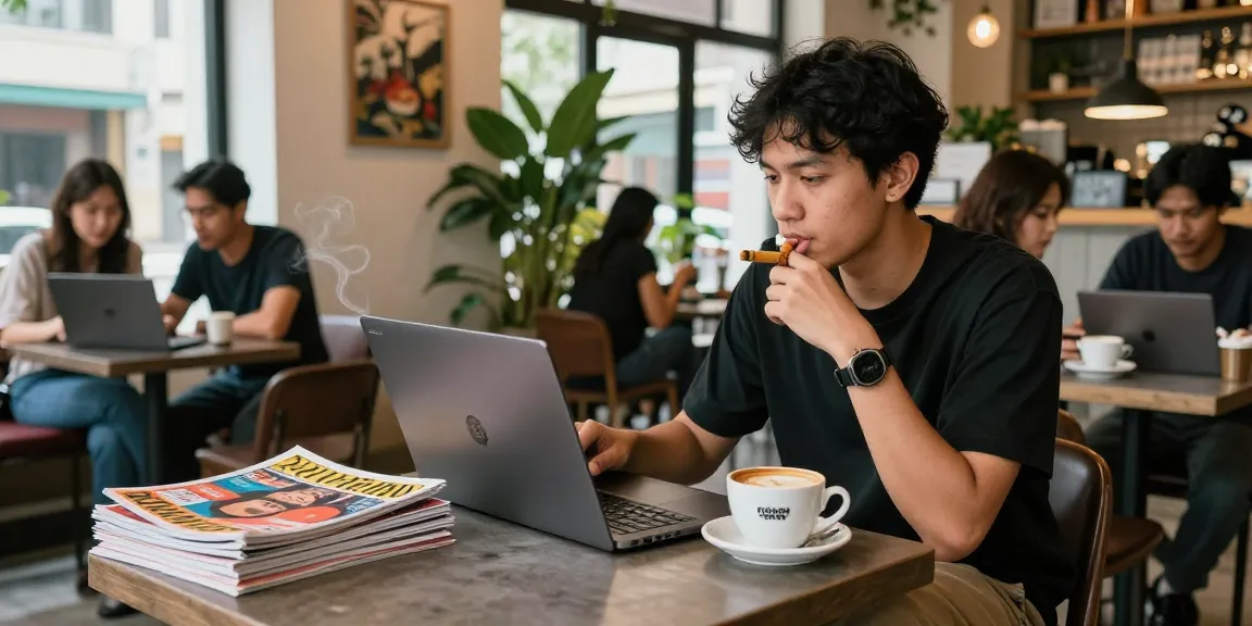 Engaging young adult discussing rokok 88 in a vibrant coffee shop.