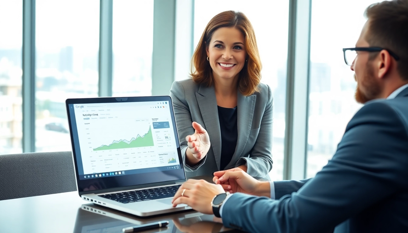 google penalty expert advising a client in a bright, modern office with analytics displayed