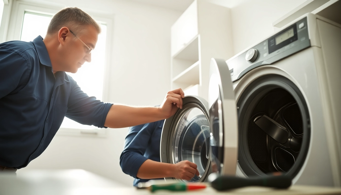Expert Washer Repair technician fixing a washing machine's components in a bright laundry setting.
