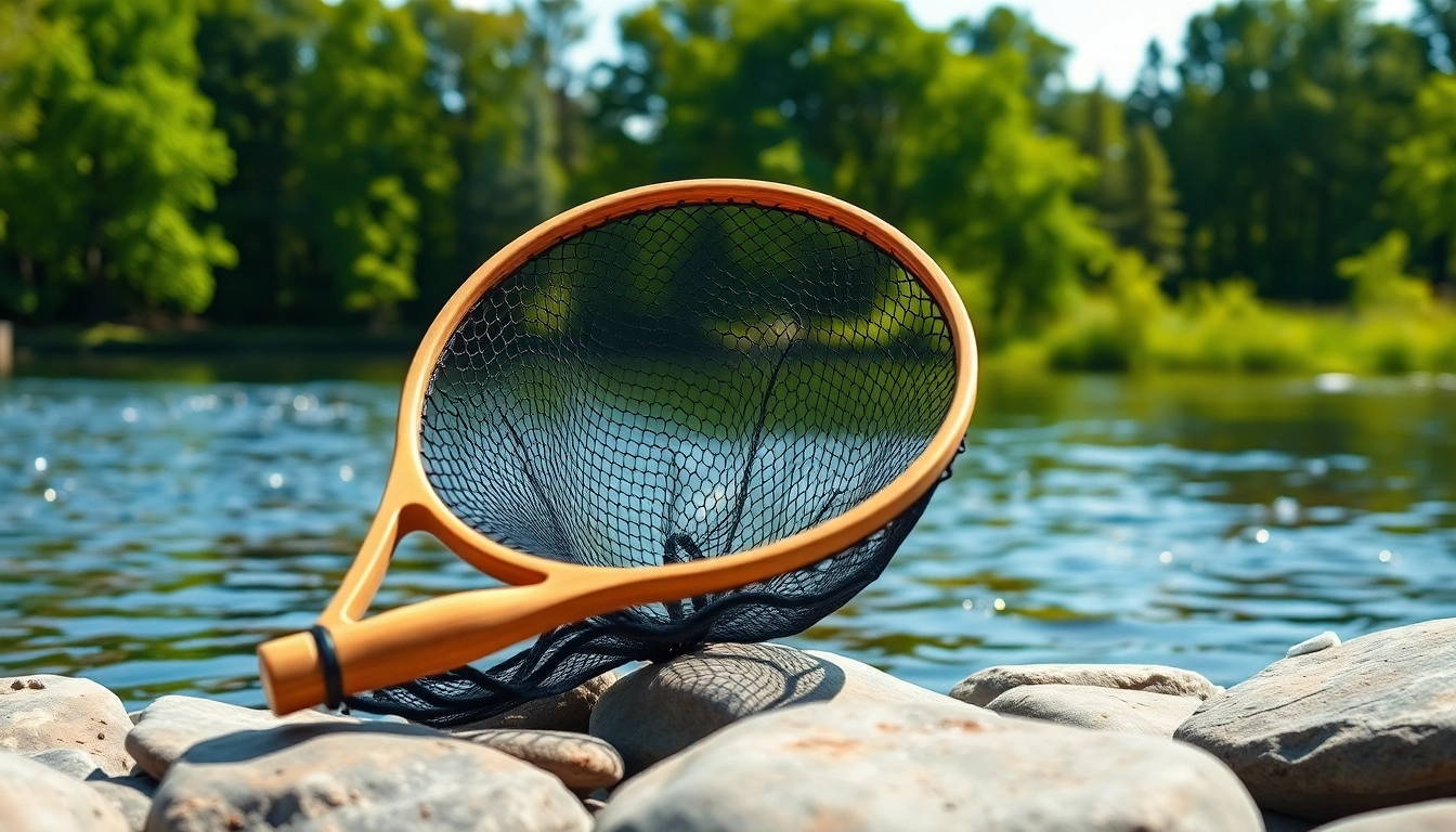 Catch fish effortlessly with a durable fly fishing net against a tranquil riverside.