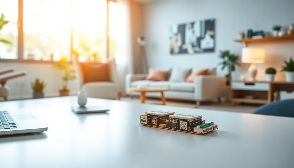 Zigbee module displayed prominently in a smart home setup, showcasing connectivity with other devices.