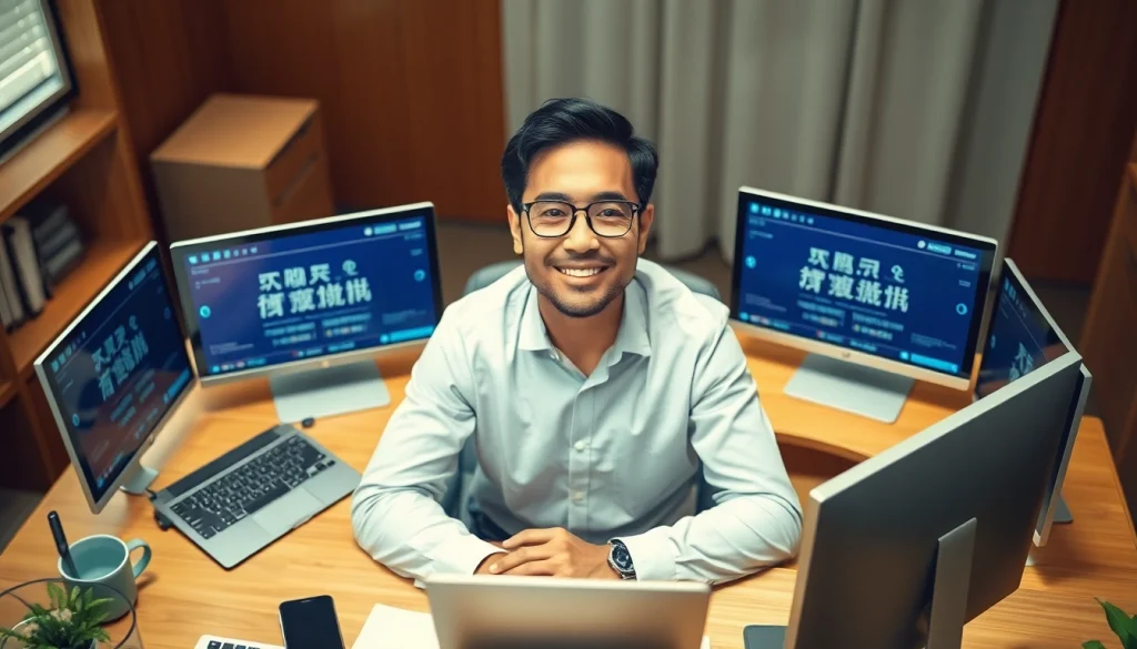 Engaging scene of a translator using 有道翻译 on devices in a calm workspace.