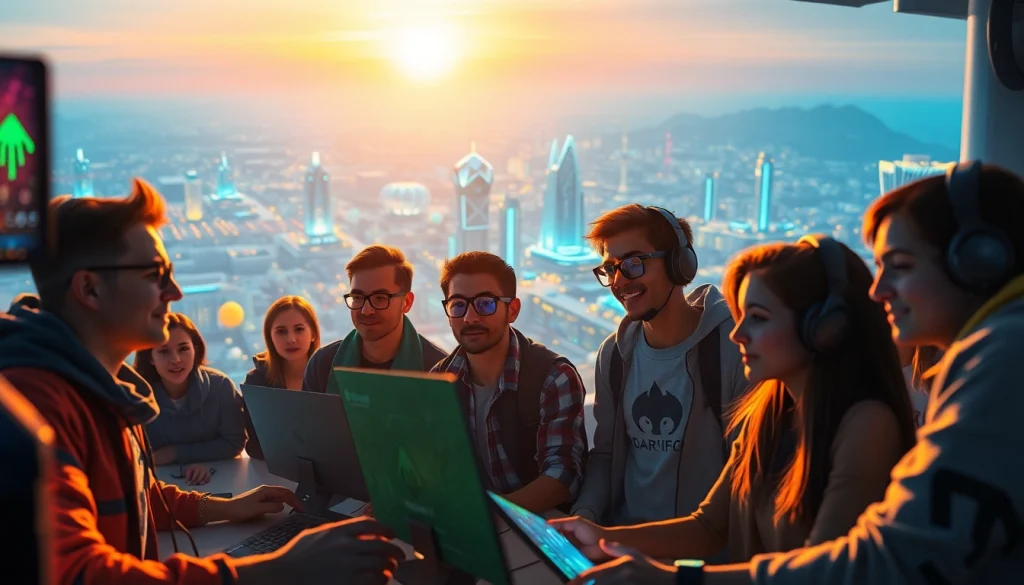 Engaged gamers exploring the immersive digital landscape of https://www.trilgameshproject.com with vibrant holographic elements.