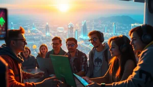 Engaged gamers exploring the immersive digital landscape of https://www.trilgameshproject.com with vibrant holographic elements.