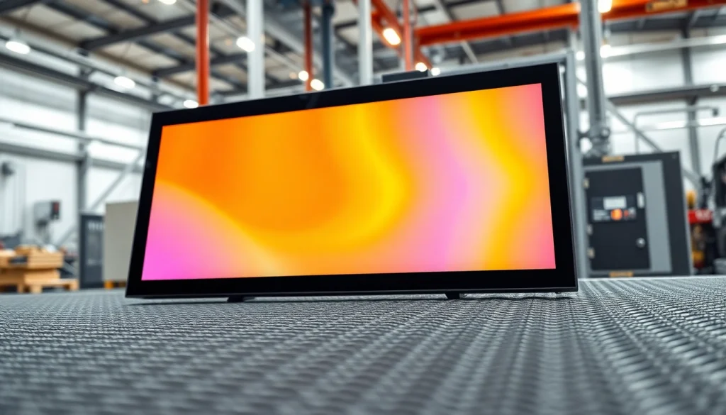 Displaying a high quality LCD display in a factory, highlighting its durability and advanced features.