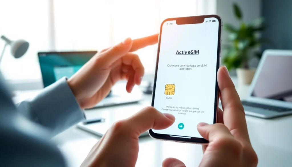Activate an eSIM on a smartphone displaying https://esimfo.com in a bright workspace.
