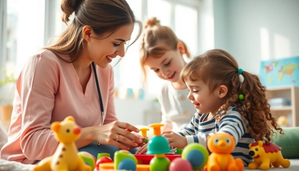 Engaging therapy session at https://www.kiddsaba.com, showcasing a child collaborating with a therapist using educational toys.