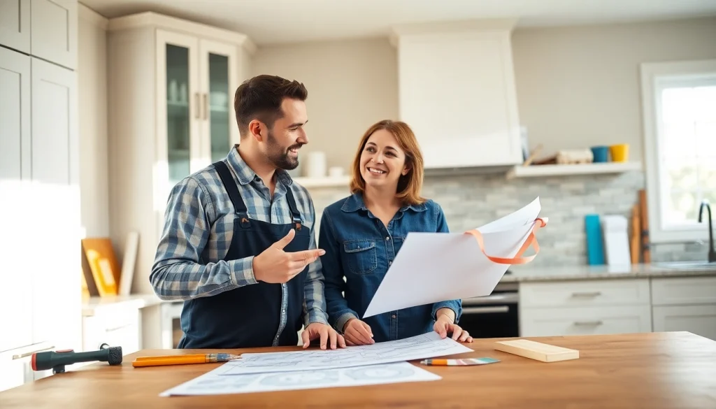 Remodeling Contractor discussing renovation ideas with a homeowner in a modern kitchen.