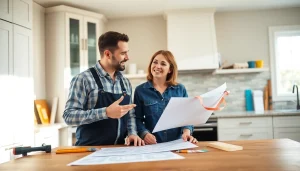 Remodeling Contractor discussing renovation ideas with a homeowner in a modern kitchen.