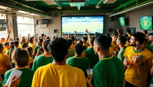 Engaged bettors enjoying sports betting in Brazil at a lively local venue with vibrant atmosphere.