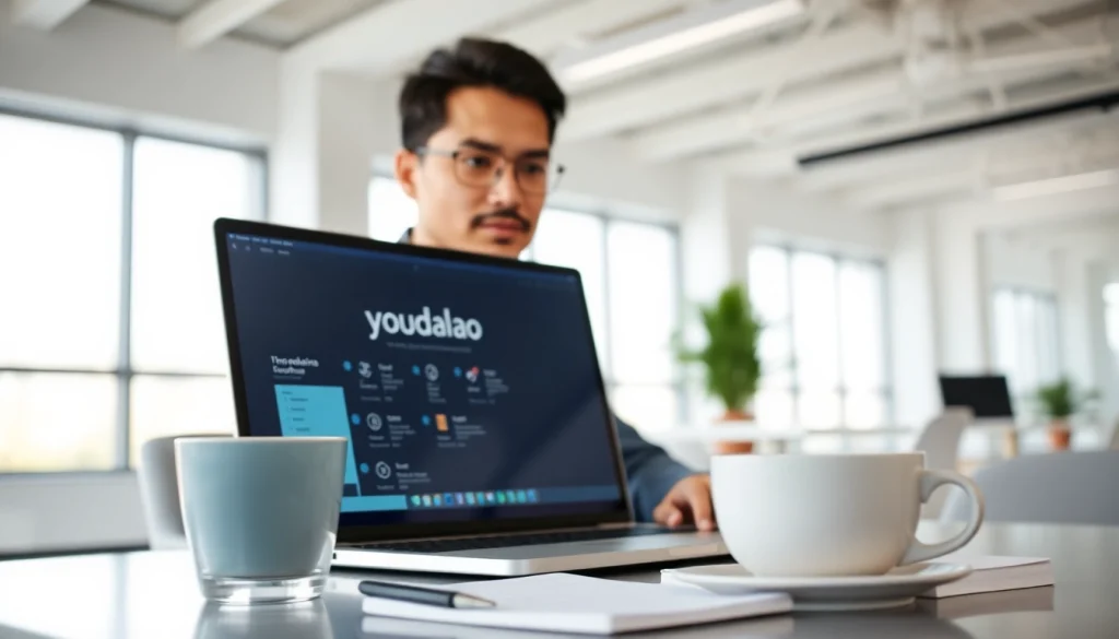 Utilize youdao translation tools in a modern office setting showing productivity.