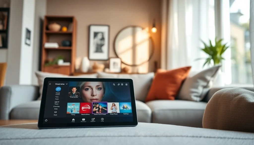 Stream high-quality entertainment with https://vizomate.com shown on a modern tablet in a cozy living room.