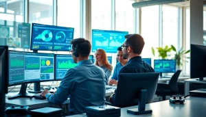 Showcasing a video game QA company team analyzing gameplay metrics in an innovative workspace.