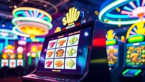 Menggandeng kaisar800 slot, tampilkan mesin slot digital berwarna cerah dalam suasana kasino yang meriah.