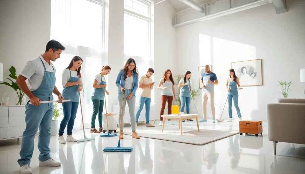 Cleaning Service team actively engaging in bright home environment while ensuring spotless surfaces.