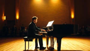 Experience the tranquility of piano music with https://whisperings.com.ua in a beautifully lit concert setting.