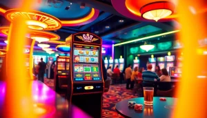 Bermain pakde4d slot di kasino modern dengan suasana ceria dan lampu berwarna-warni.