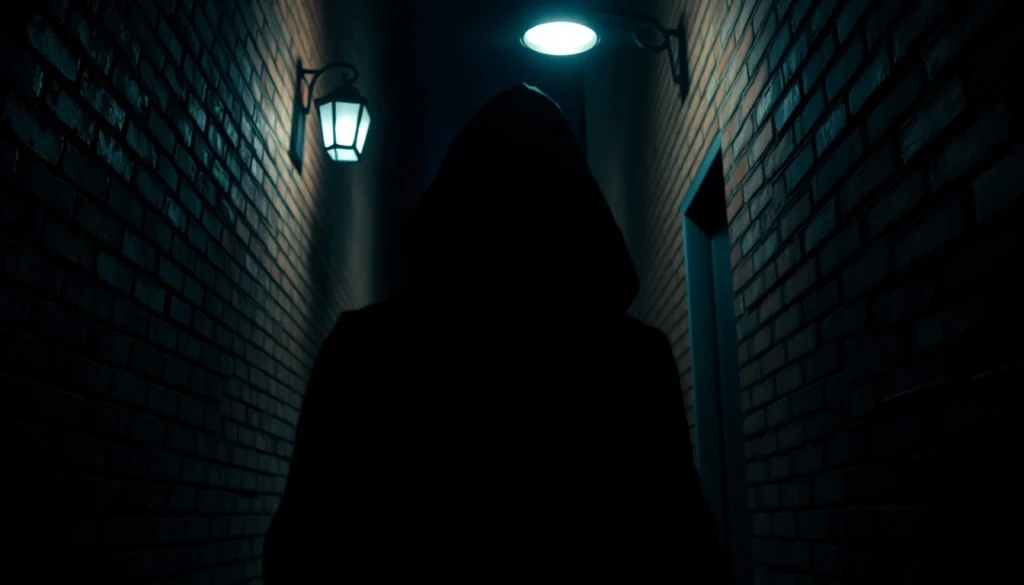 Experience the suspense of a thriller through a shadowy figure in a dimly lit alley.
