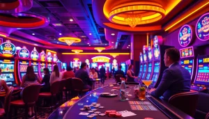 Permainan kasinojitu dengan dealer langsung dan mesin slot yang berwarna-warni di latar belakang.