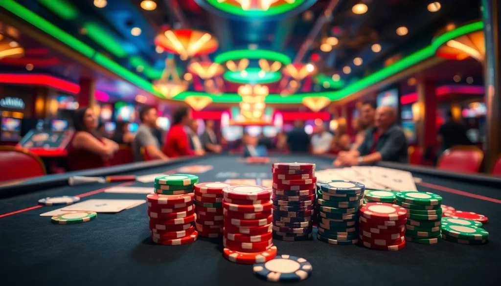 Menampilkan permainan kasinojitu dengan warna-warni chip dan kartu di meja permainan.