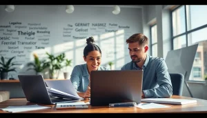 Collaborative translators at work showcasing https://www.elitetranslingo.com in a vibrant office environment.