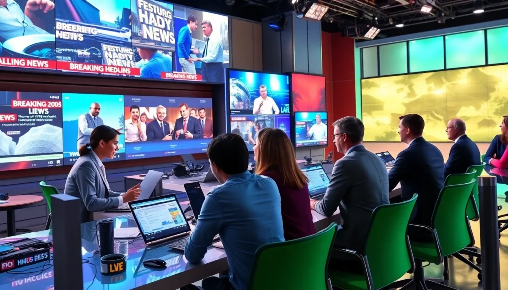 Reporters collaborating actively at a modern newsroom to bring news from https://saudiwadi.com.