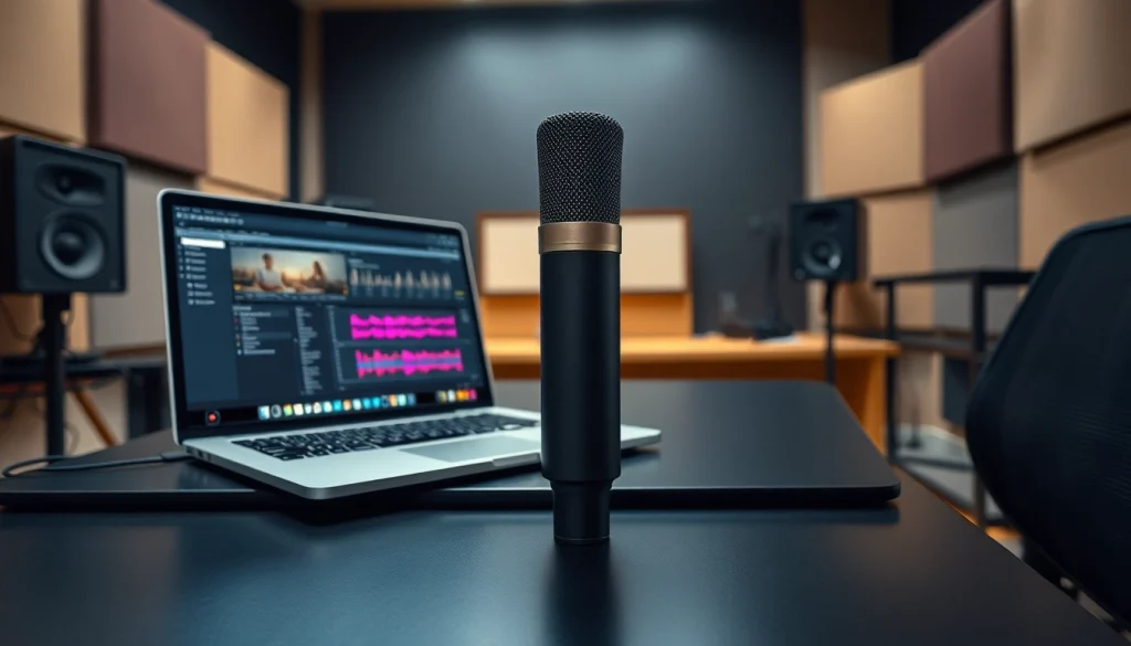 MV88 digital stereo microphone on a modern studio table with a laptop for high-quality audio recording.