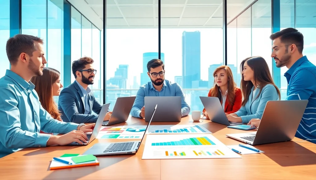 Engaged team at Good Wolf Marketing collaborating in a vibrant office space.