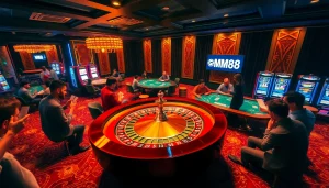Experience the thrill of gambling at MM88 with players at a roulette wheel, surrounded by vivid casino elements.