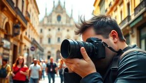 Fotografo Milano mentre immortala momenti candidi nelle strade vivaci di Milano.