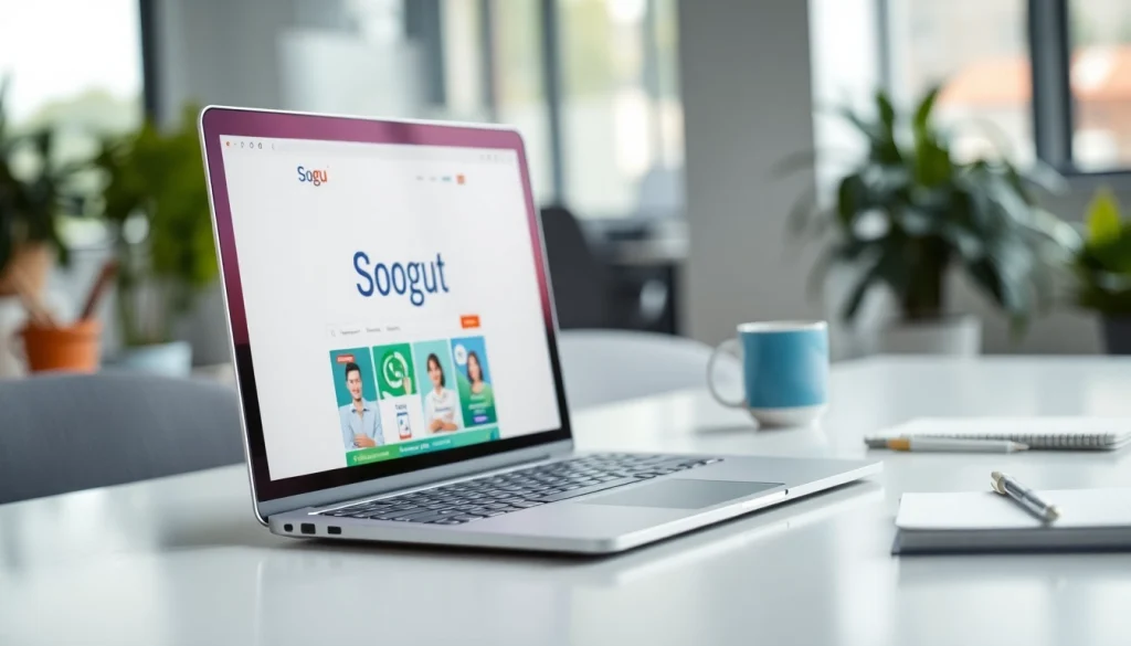 Browse the web effortlessly with the Sogou浏览器 open on a sleek laptop in a vibrant office environment.