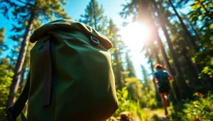 Rolltop Rucksack wasserdicht bei einer Wanderung in der Natur.
