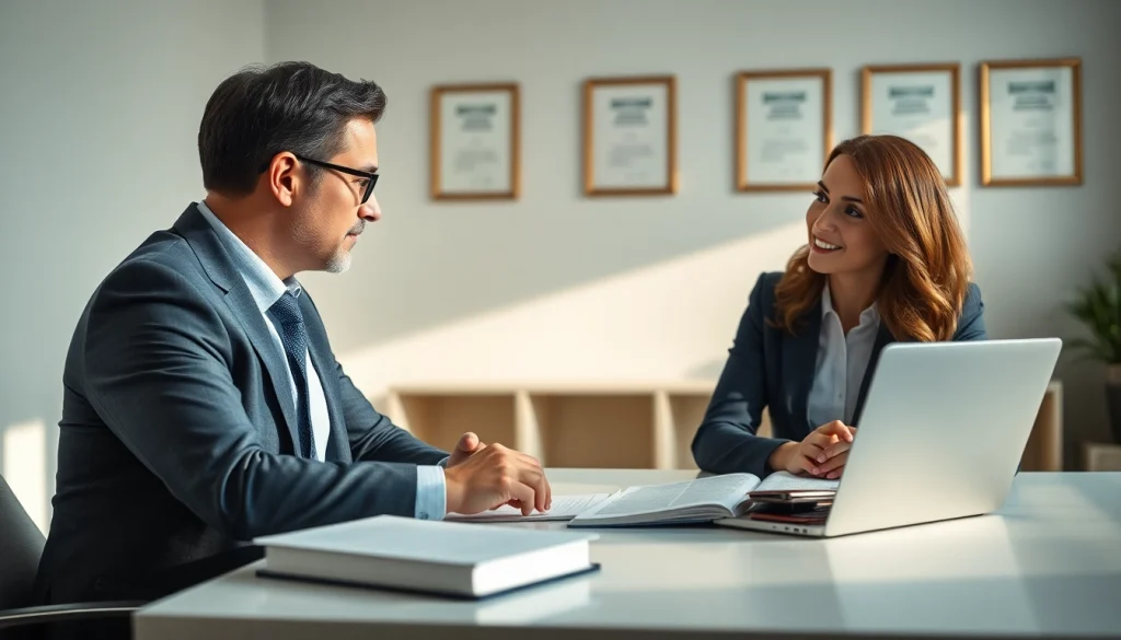 Consulting lawyer at https://www.aafloridalawyer.com engaging with a client in a modern office.