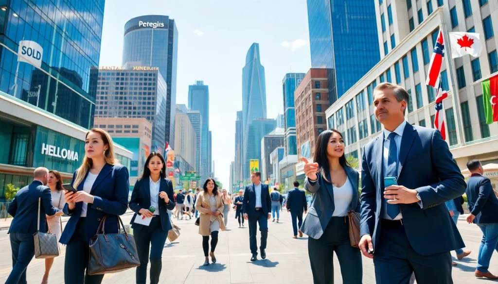 Engaging agents showcase real estate international opportunities in a lively city setting.