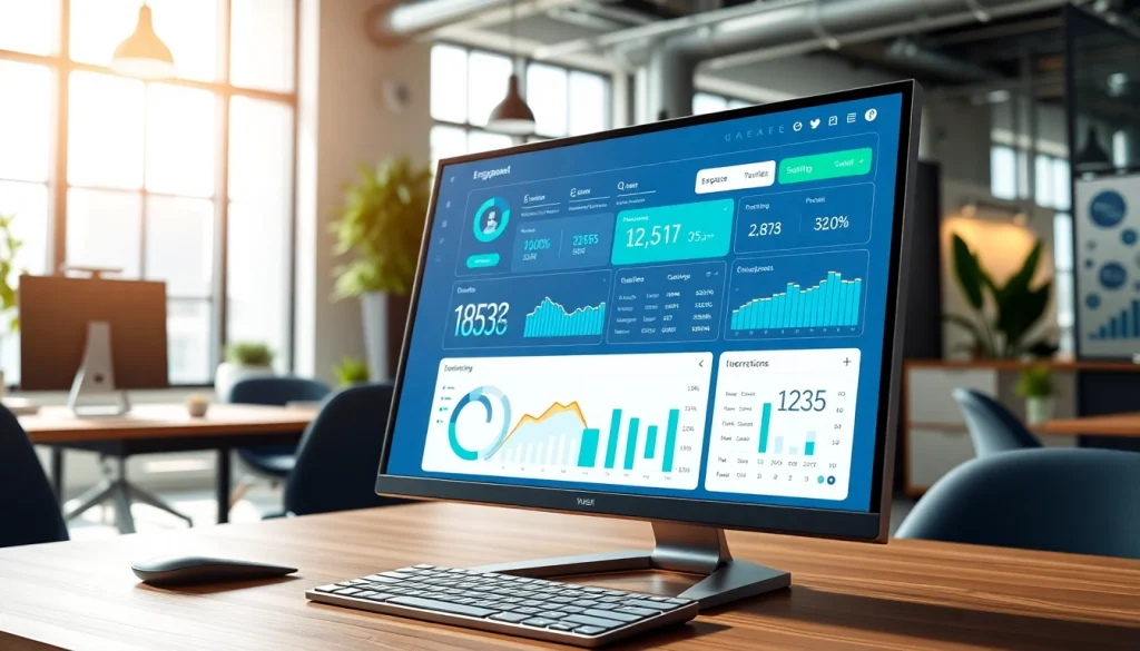 Visual representation of an smm panel interface in a modern office environment, showcasing metrics and engagement.