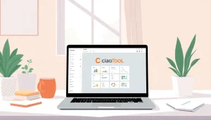 CiaoTool software showcased on a laptop in a warm, modern workspace setting.
