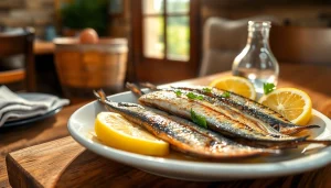 Delicious grilled sardinas rich in proteina sardianas, garnished with herbs and lemon.