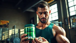 Steroidify reviews: Athlete analyzing supplements in a modern gym environment.