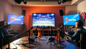 스포츠중계를 생생하게 전달하는 방송 스튜디오의 장면.