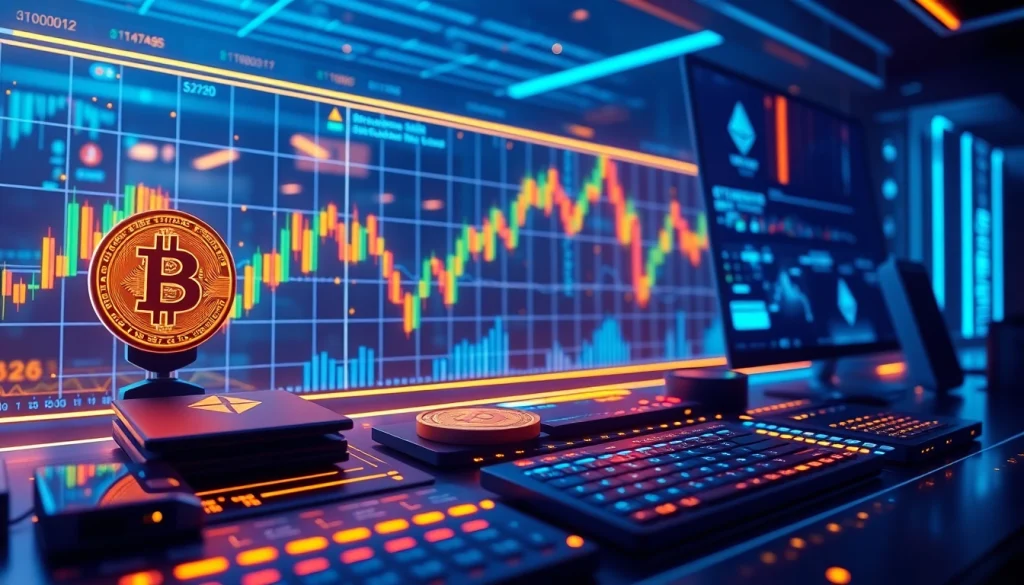 Bit coin trading environment with blockchain networks and secure wallets in a neon-lit setting