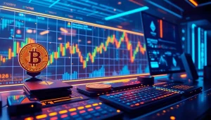 Bit coin trading environment with blockchain networks and secure wallets in a neon-lit setting