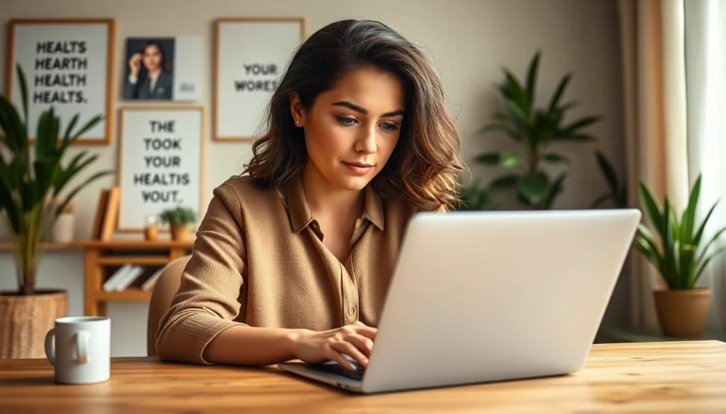 Empowering woman engaged with https://womens-health-advice.org in a cozy home office.